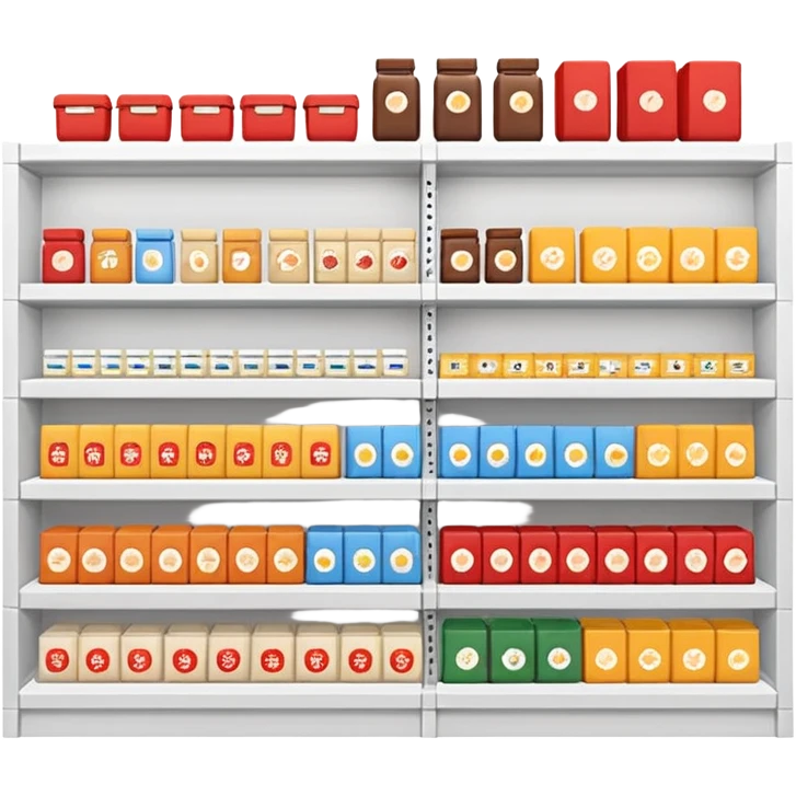 "Minimalist Japanese retail shelf display, products arranged in identical horizontal rows, with multiple units of each item placed directly behind one another, vertically varied by type, clean spacing, precise symmetry, soft neutral lighting, front-facing packages, ultra-detailed." emoji