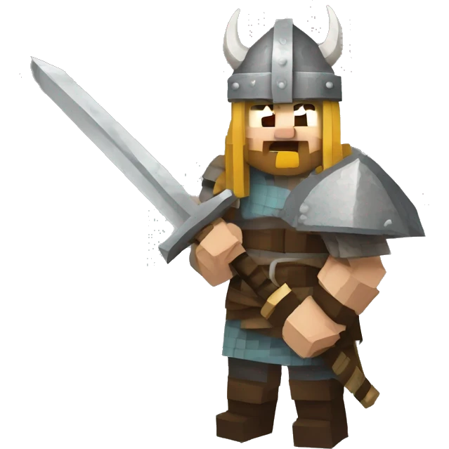 Scandinavian Viking with a sword in his hand and an angry mood in Minecraft style emoji