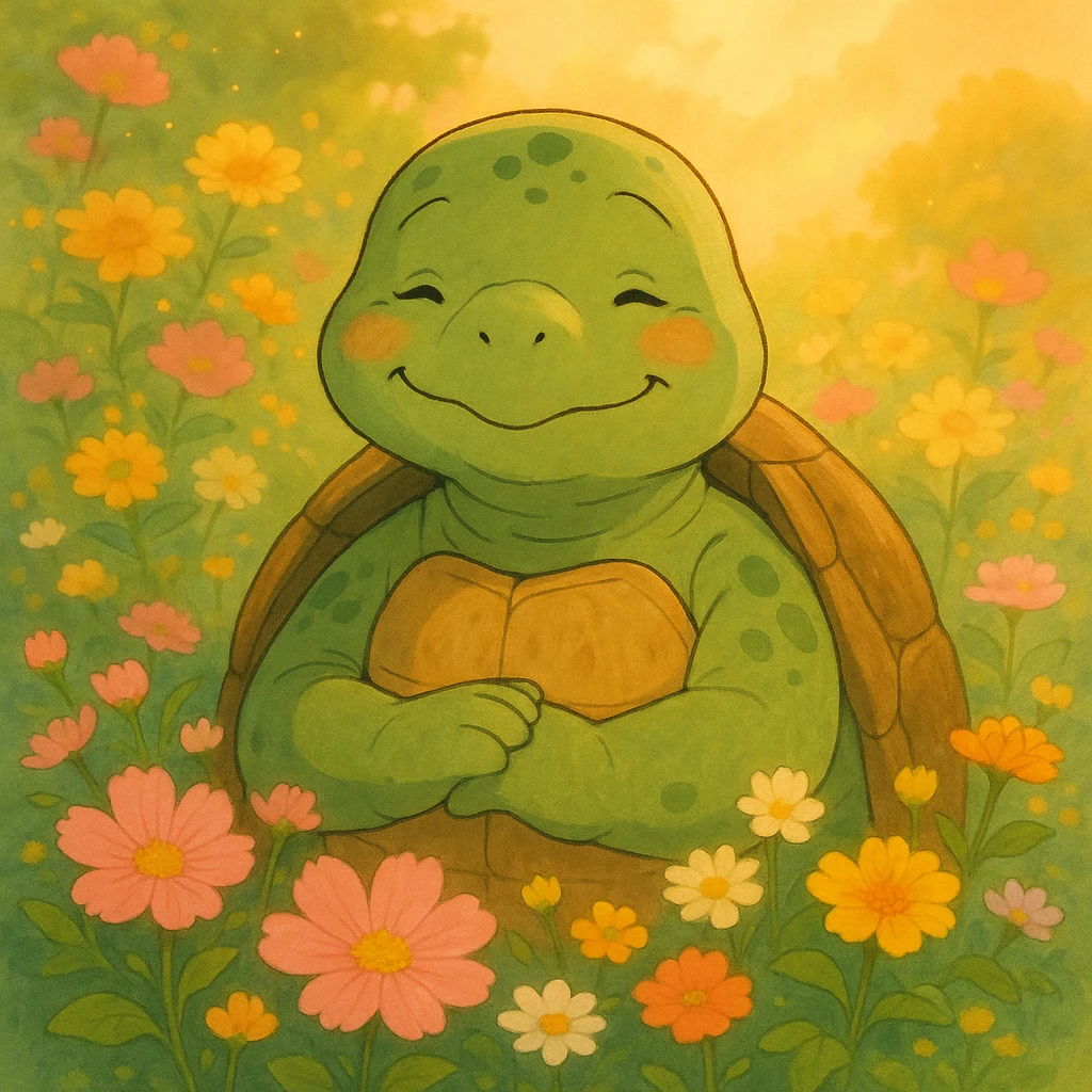 ghibli style turtle with soft lighting, surrounded by flowers, Mother's Day feeling emoji