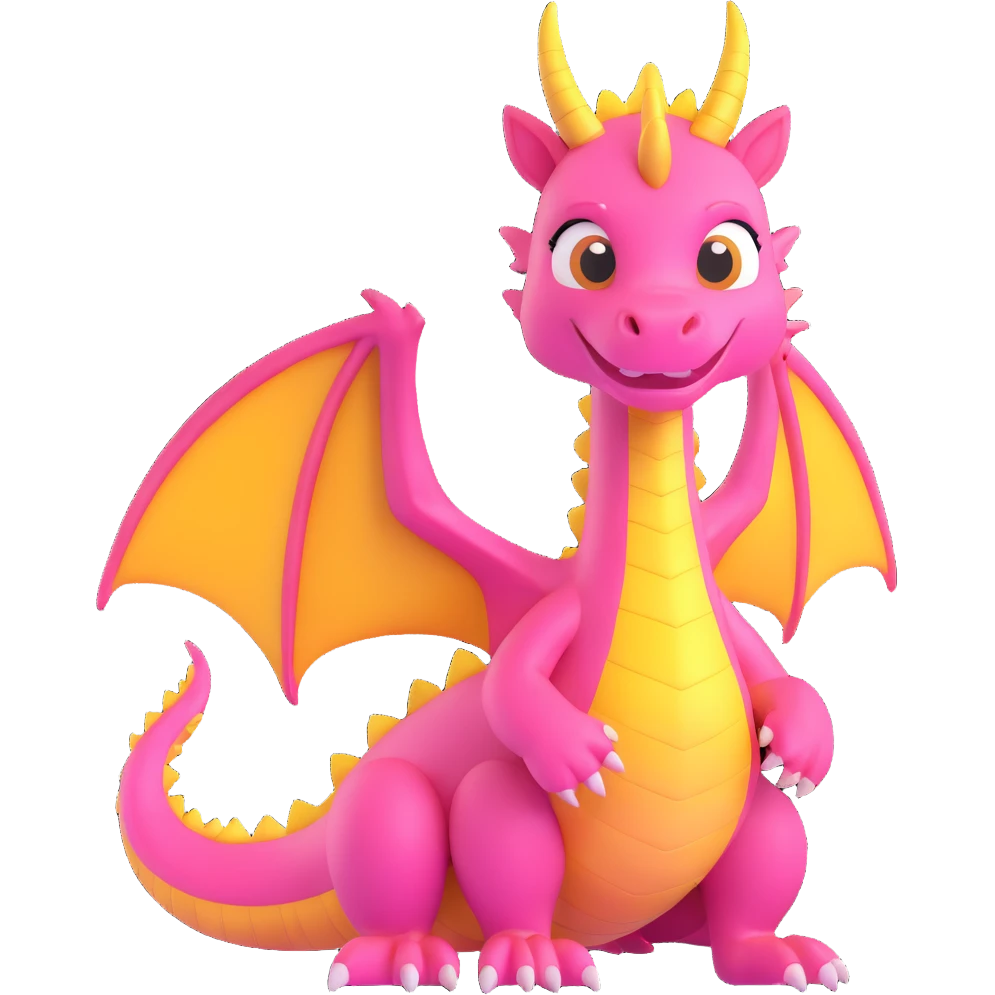 pink friendly dragon with some yellow fur, 3D style, friendly expression emoji