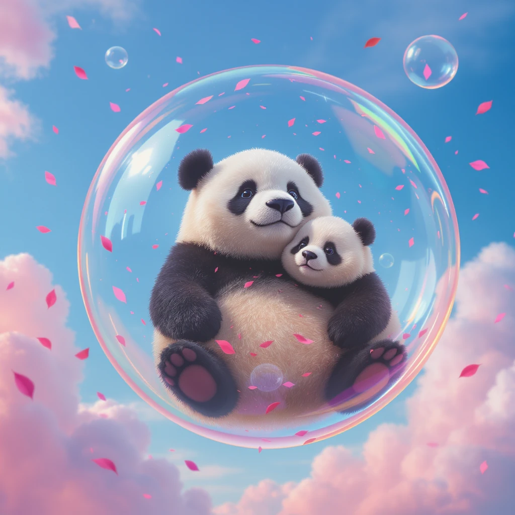 Minimalistic Cinematic still of pandas bears sitting inside flying bubbles, blue sky filling background , pink clouds, pink leafs falling around, disney style emoji