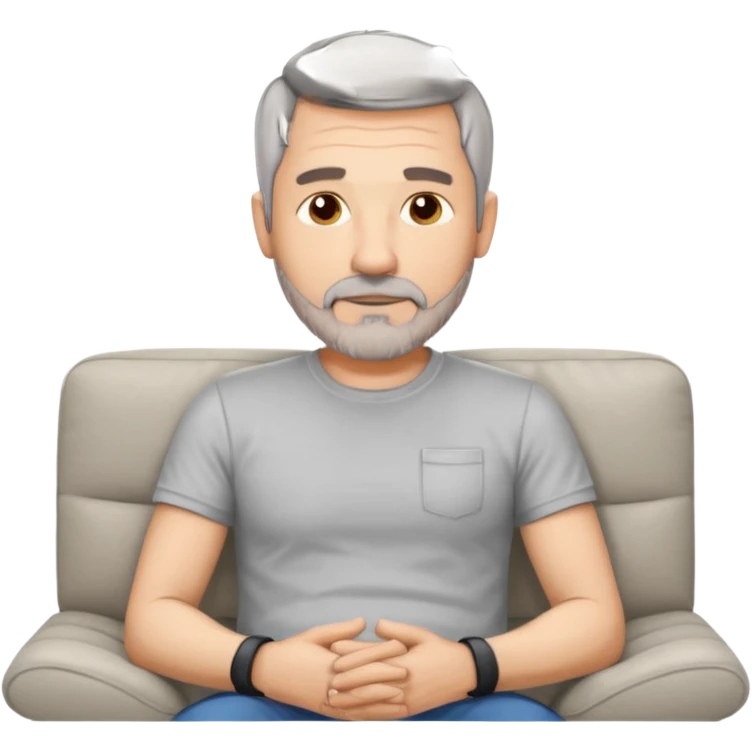 a 50 year man, short grey hair, stubble beard, laying on a ottoman of a light grey cord sofa, front view emoji