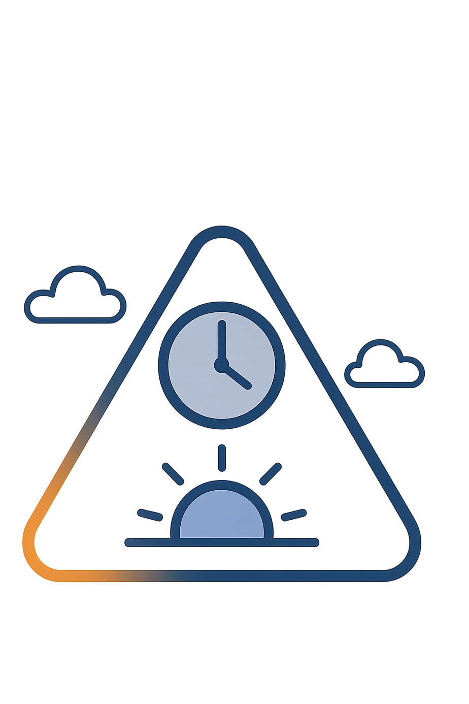 flat minimal triangle with rounded corners featuring stylized clock set to sunrise, triangle border fading from orange early warning to blue tech and trust, clean modern style emoji