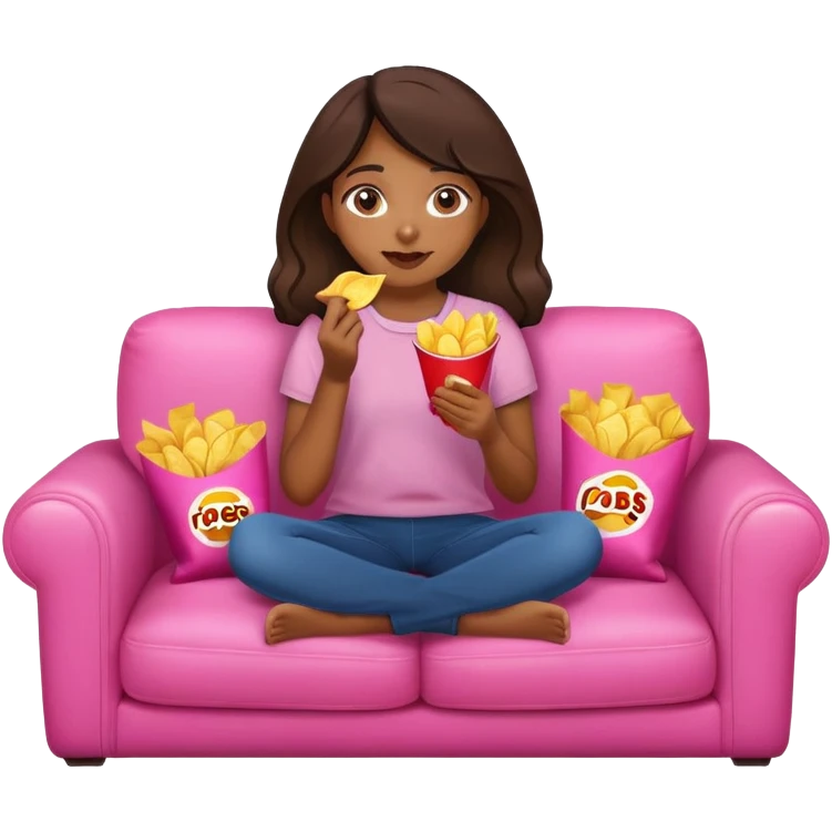 home brown girl with plate of chips, sitting at the pink sofa emoji