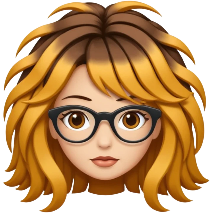 Uma garota de cabelos cacheados compridos e mechas loiras, com pele morena clara e óculos emoji