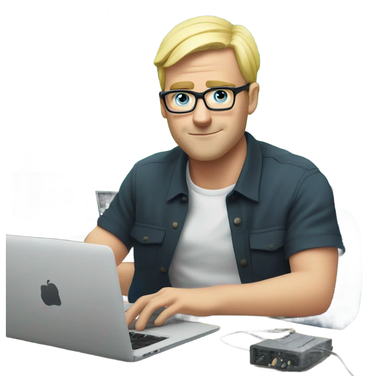 man looks 35 classes, european, tech nerd love pcb designing, blond short hair, blue eyes with specs behind macbook on the desk with green pcb laying and a oscilloscope  emoji