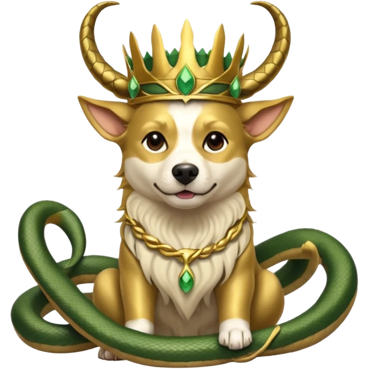 loki god of mischief as a dog. he as snakes. he wears a horned crown as the god himself.  dynamic pose emoji