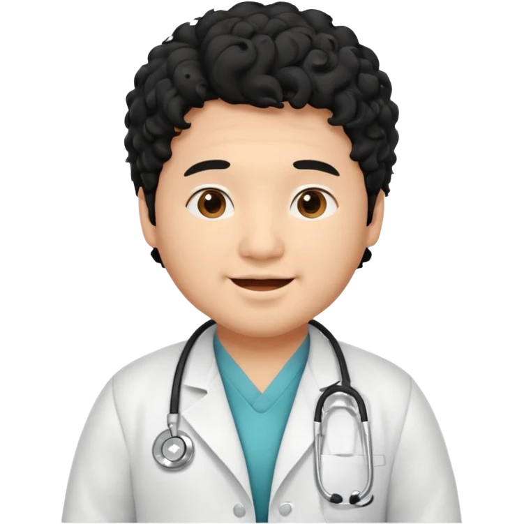 a young asian chubby male doctor with very black long curly hair and cheerful face without gpasses emoji