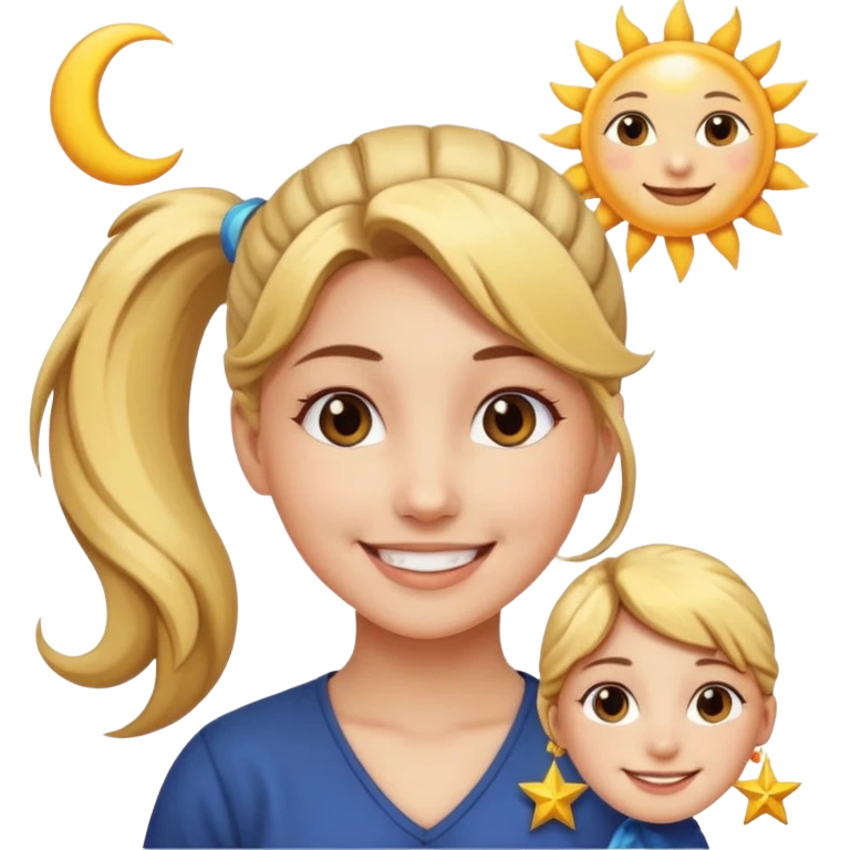 An Emoji of girl with ponytail, who can be described by three words: sun, moo, star emoji