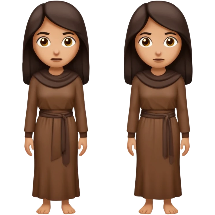 Cartoon emoji of a Middle Eastern-looking woman with long, loose dark hair, wearing chocolate-colored clothes. Full-height, standing, nervous, unsure, worried expression. Slightly hunched, anxious posture. Smooth, simple, stylized. emoji