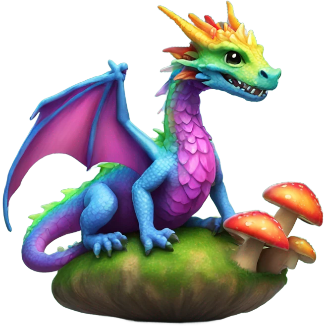 Rainbow Dragon sitting on a mushroom emoji