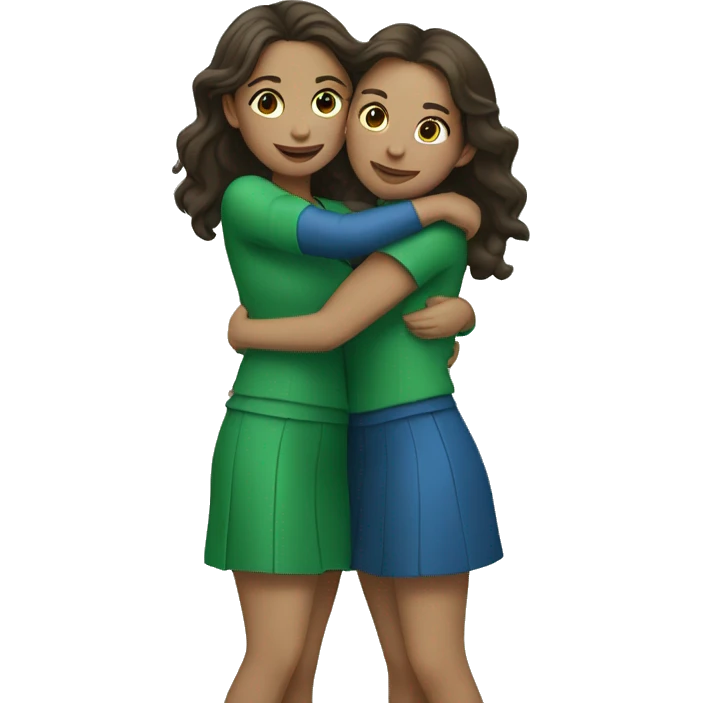 two brunette girls wearing blue and green and hugging each other emoji