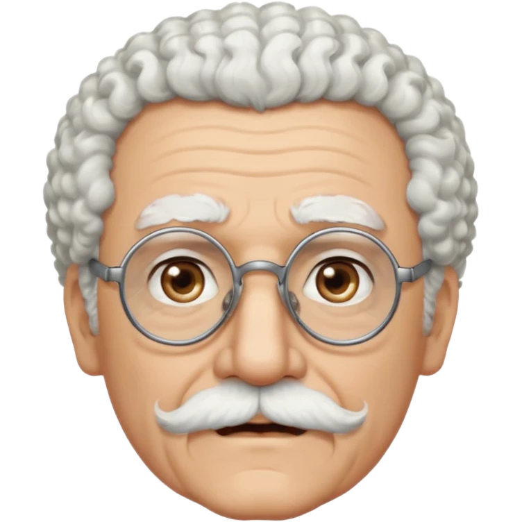 An elderly man emoji with light skin, fluffy curly white hair, thick white eyebrows, brown eyes behind black-framed glasses, a narrow pointed face, and a thin straight white mustache above his mouth. emoji