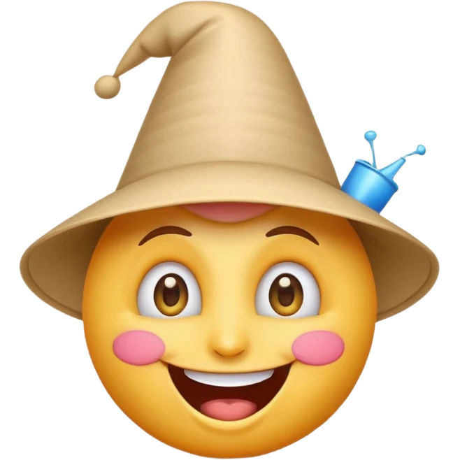 A crazy, laughing emoji with a funnel hat on its head. Exaggerated wide smile, big expressive eyes, playful and silly expression. Cartoon style, clean lines, bright colors, simple background, emoji-style illustration, high quality, centered composition emoji