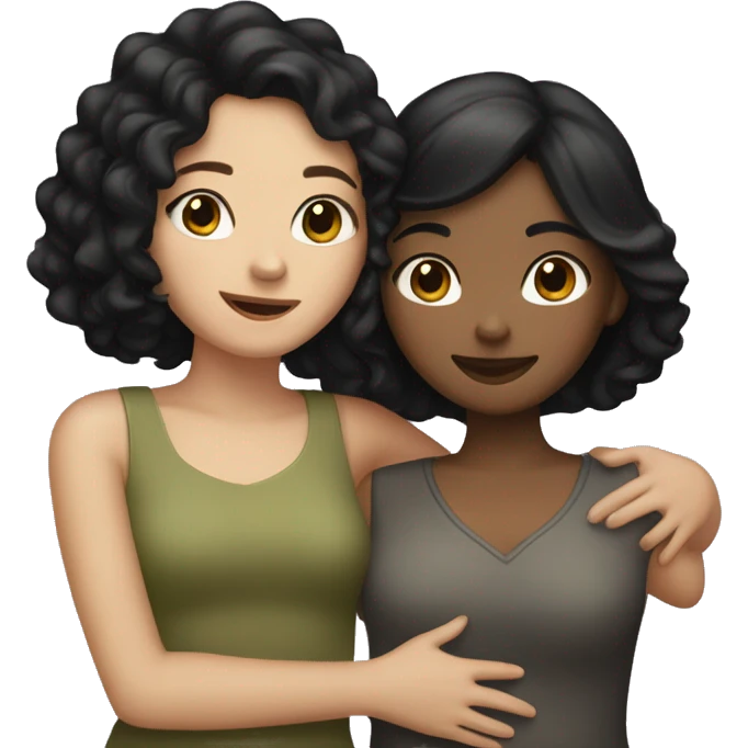 two girl best friends hugging black hair one olive skin, other pale skin emoji