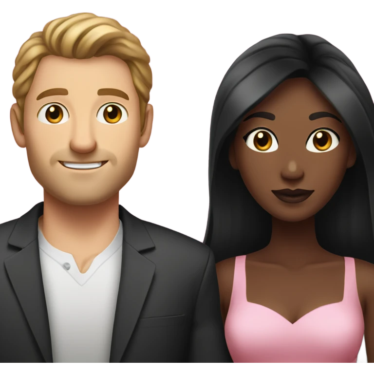 A handsome white man with long hair that is brown and a pretty black woman who has long black hair and she is wearing a pink dress and they are a couple emoji