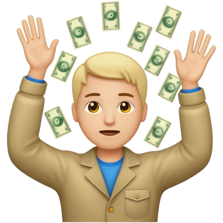 stylized emoji of a person with hands up, surrounded by money, with a worried or confused face emoji