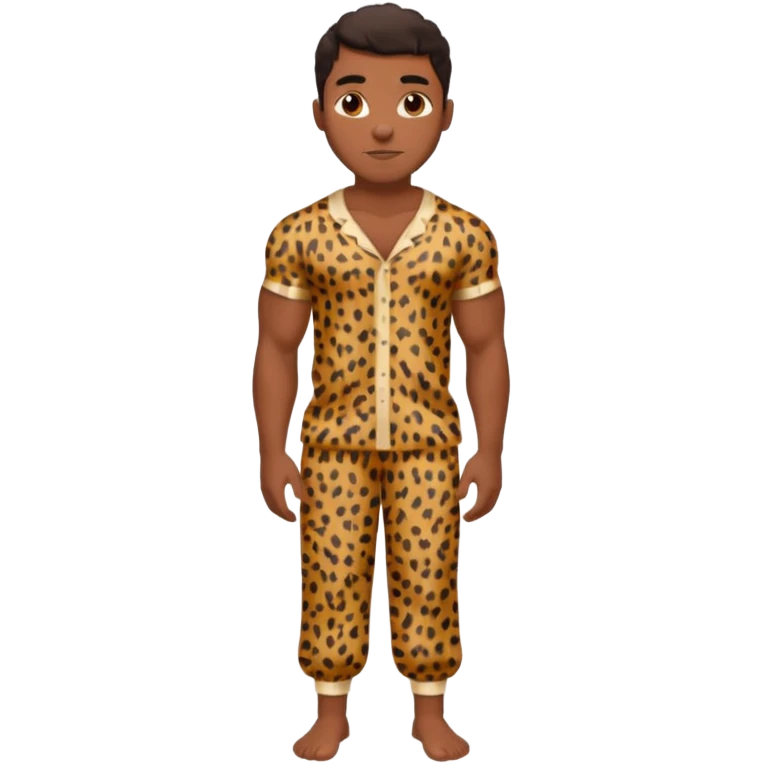 Handsome Black guy with brown skin tone, with muscular build, wearing loose fitting leapard print pajamas and white slippers  emoji