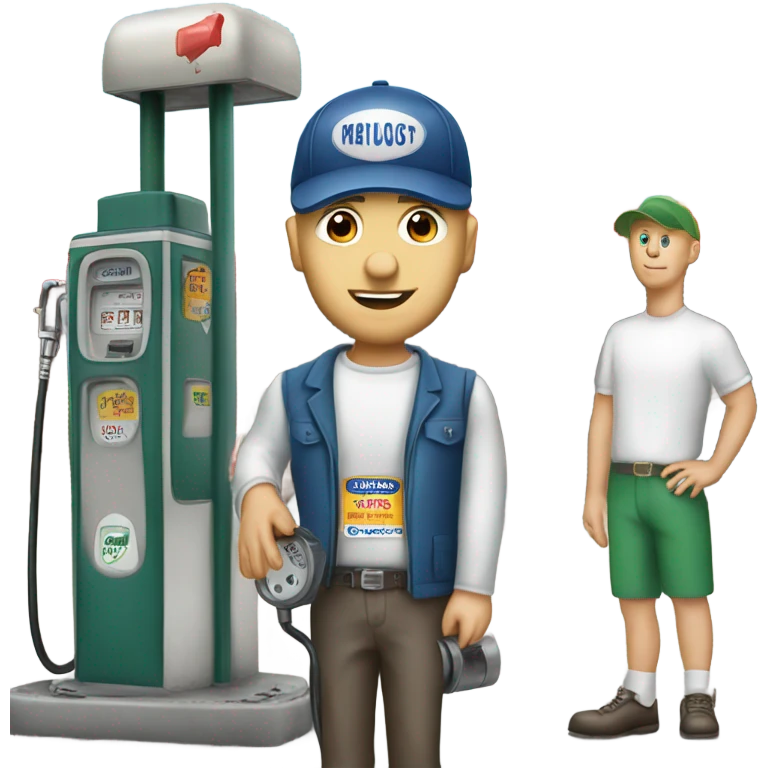 White man with ballcap standing next to vintage gas pump emoji