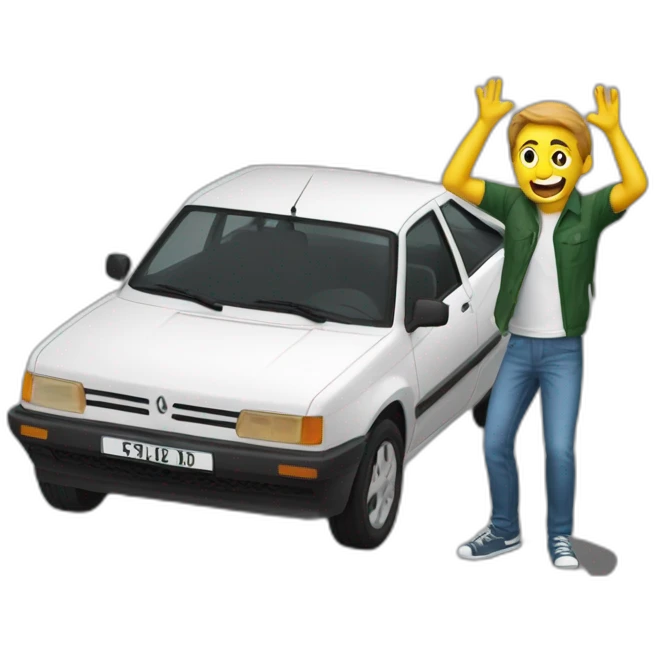 a guy throwing up in front of a renault 205 emoji