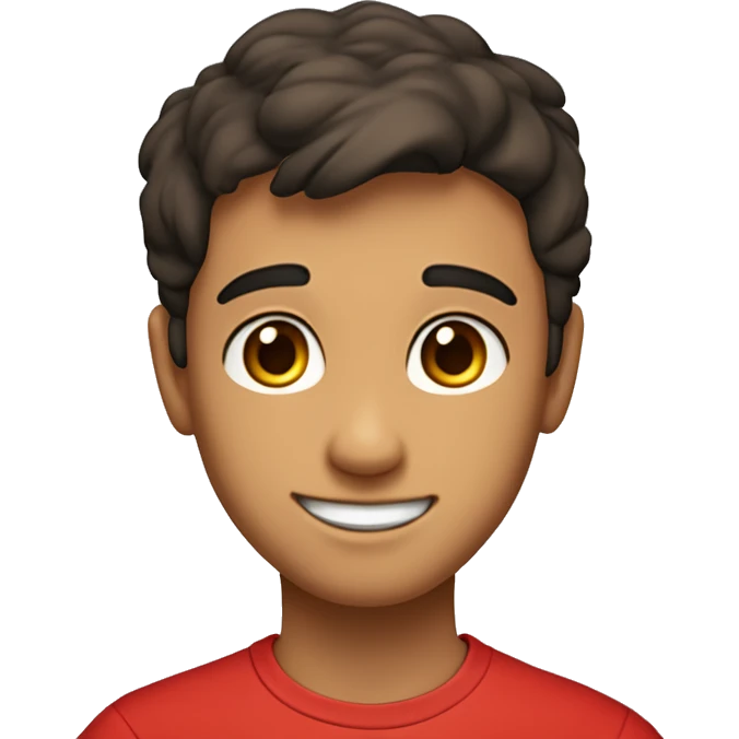 A close-up of a boy with short dark brown hair, thick eyebrows, brown eyes, and a round face with dimples. He is slightly smiling, wearing a red t-shirt, and the background includes a window with blinds and natural lighting. emoji