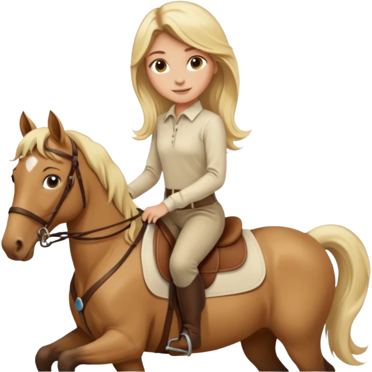Tan girl with long blonde hair wearing a cream colored long sleeve shirt and riding pants on top of a brown horse with 4 legs emoji