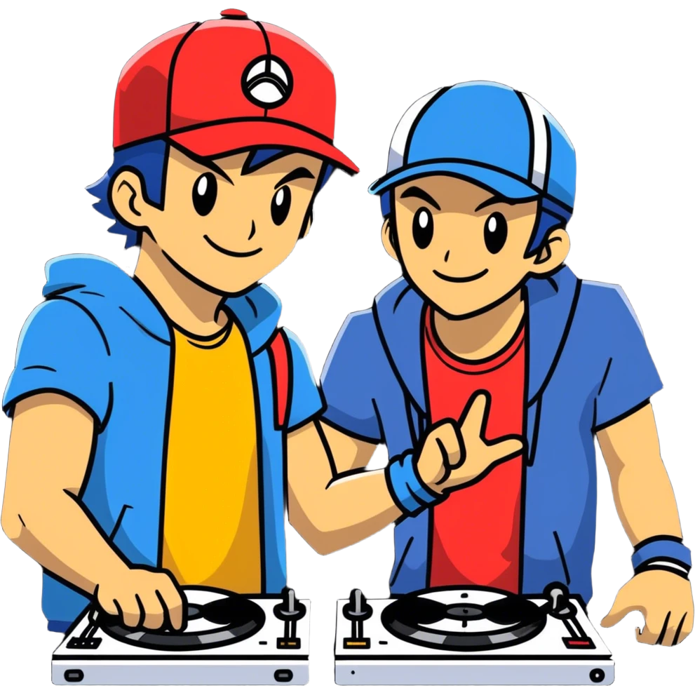 Hot handsomeb muscular 6ft tall smiling happy ash ketchum being a  dj and his music is on fire while kissing a friend emoji