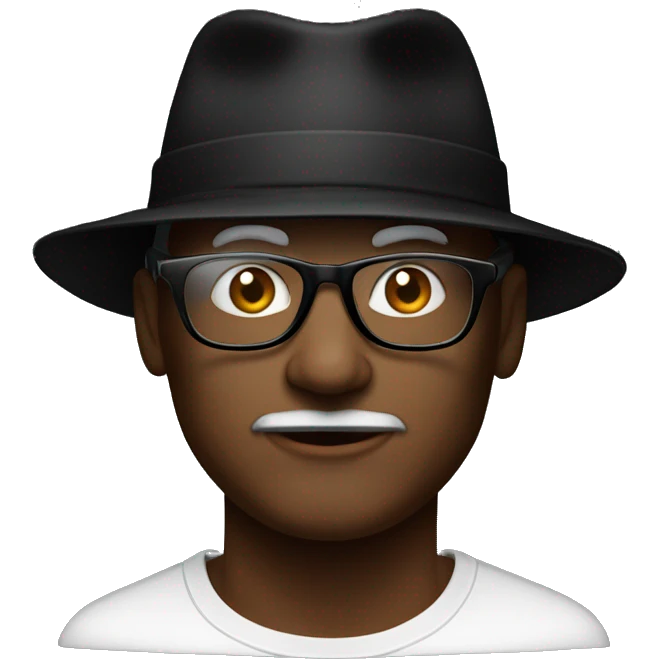 mid age man in white t-short, black hat with white dot on it, in black-framed glasses, on a black background  emoji