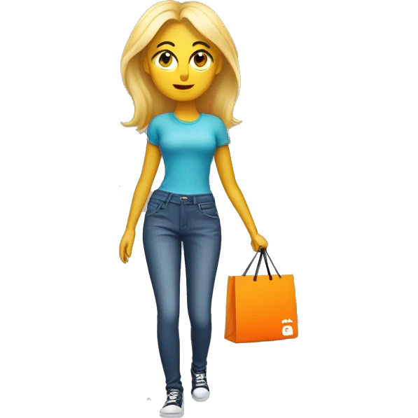 Design a blonde, emoji-style character holding an orange shopping bag with 'MULT EMBALAGENS' written on it, inspired by the iPhone emoji look. emoji