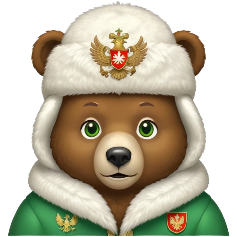 Sweet brown bear with friendly expression and green eyes, white fur ushanka with prominent and detailed Russian Federation double-headed eagle coat of arms, iOS emoji style emoji