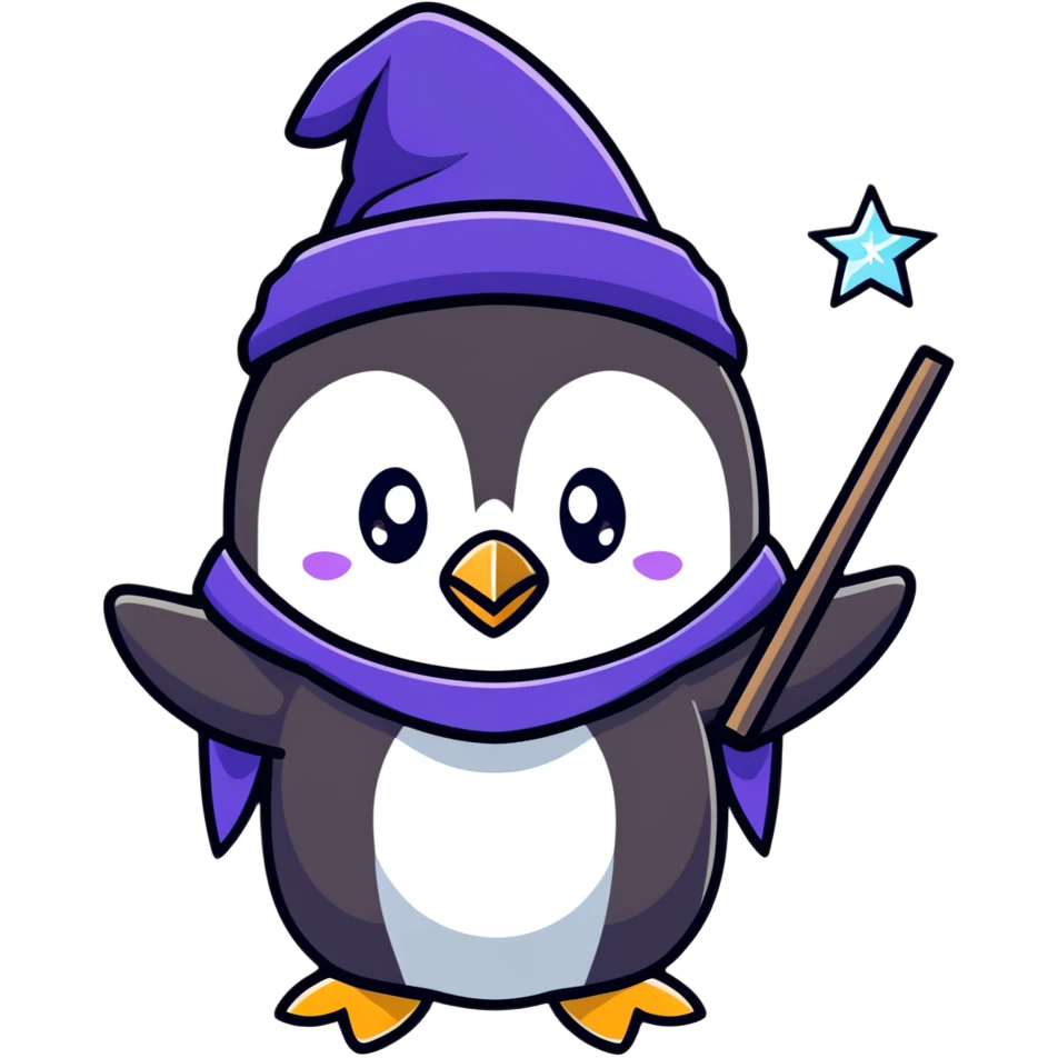 Cute penguin wizard casting a spell with sparkles emoji