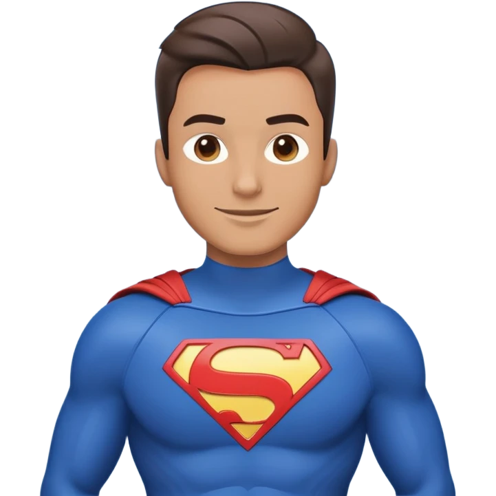 Emoji-style illustration of a friendly man in a blue superhero suit. The suit is sleek and modern, with a large empty space on the chest for a logo. The man has a cheerful expression, clean-shaven face, and a confident but kind pose. Bright, minimalistic design with clear lines and expressive features. emoji