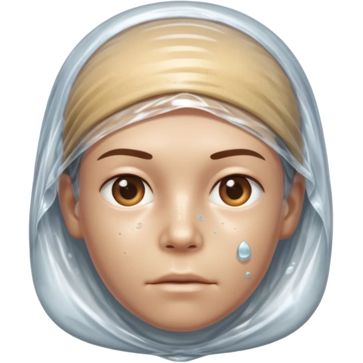 Human head completely wrapped in plastic wrap, air bubbles under surface. emoji