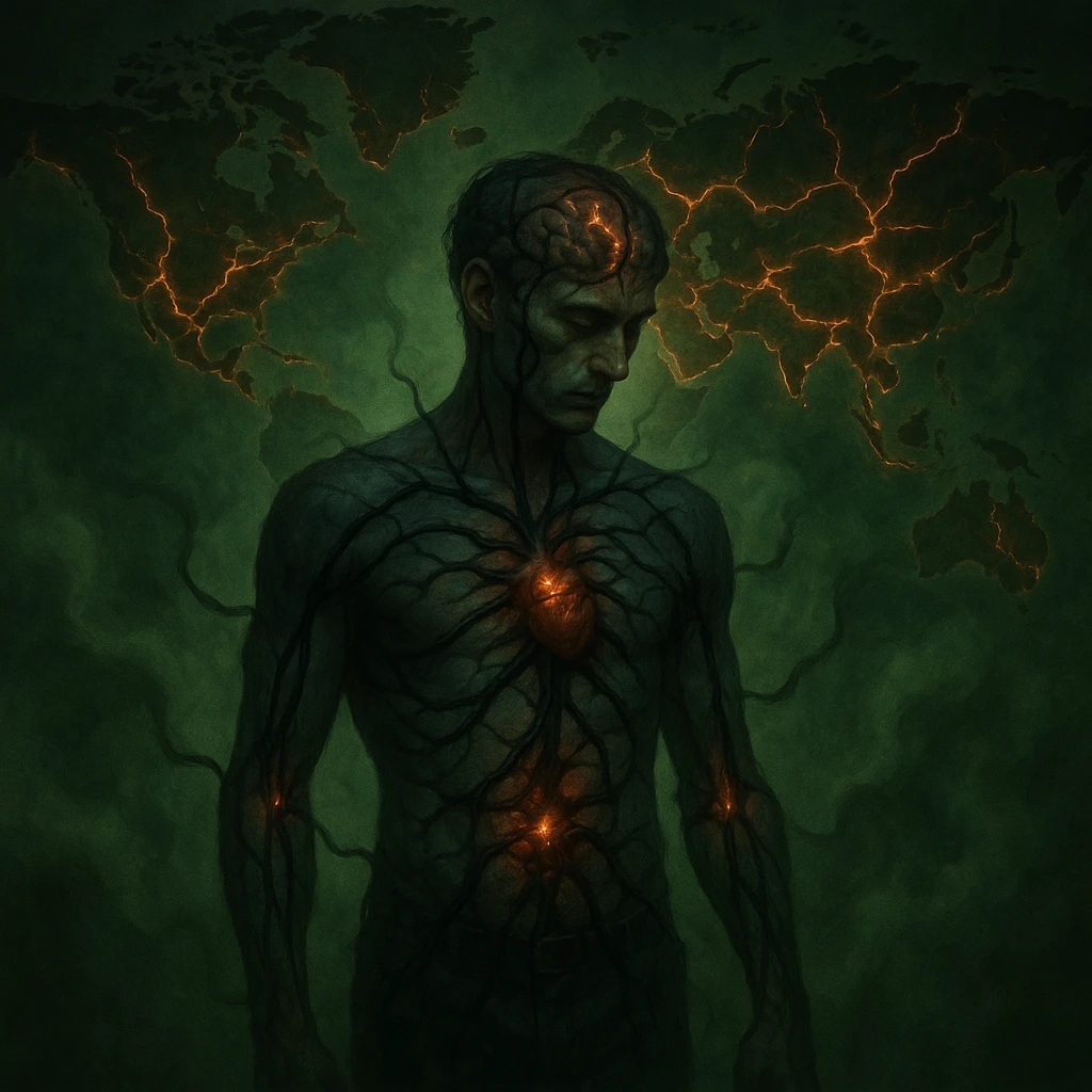 semi-realistic, moody; central human figure, black parasite tendrils radiate from gut and heart into brain and joints, world map background, glowing fissures, green mist, symbolic global health impact emoji