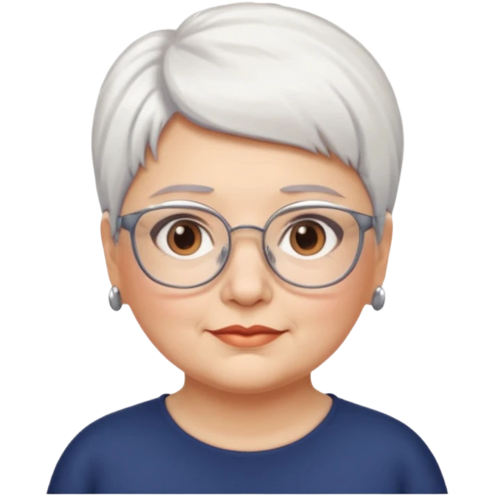 Create me emoji of an old mid-fat lady. Short white hair to left side. Square glasses. Brown eyes. Without any earrings on her ears. Long head emoji
