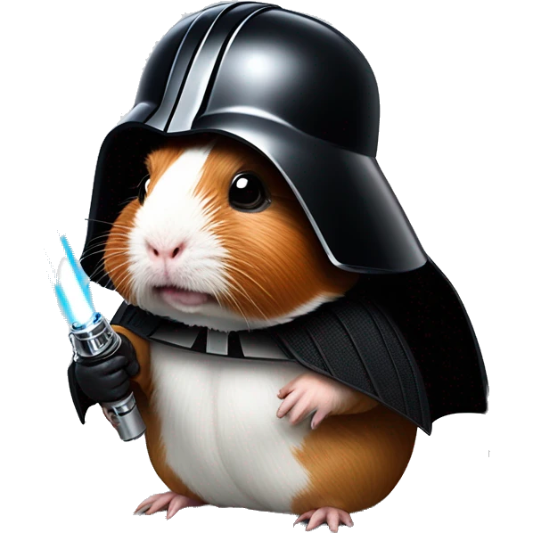 Guinea pig as Darth Vader next to the Death Star holding a red light saber emoji