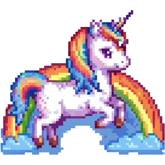 colorful baby unicorn jumping over a rainbow, pixel art style emoji
