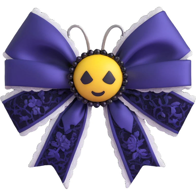 3D emoji gothic bow, deep indigo silk, silver spider brooch, and black lace edges emoji