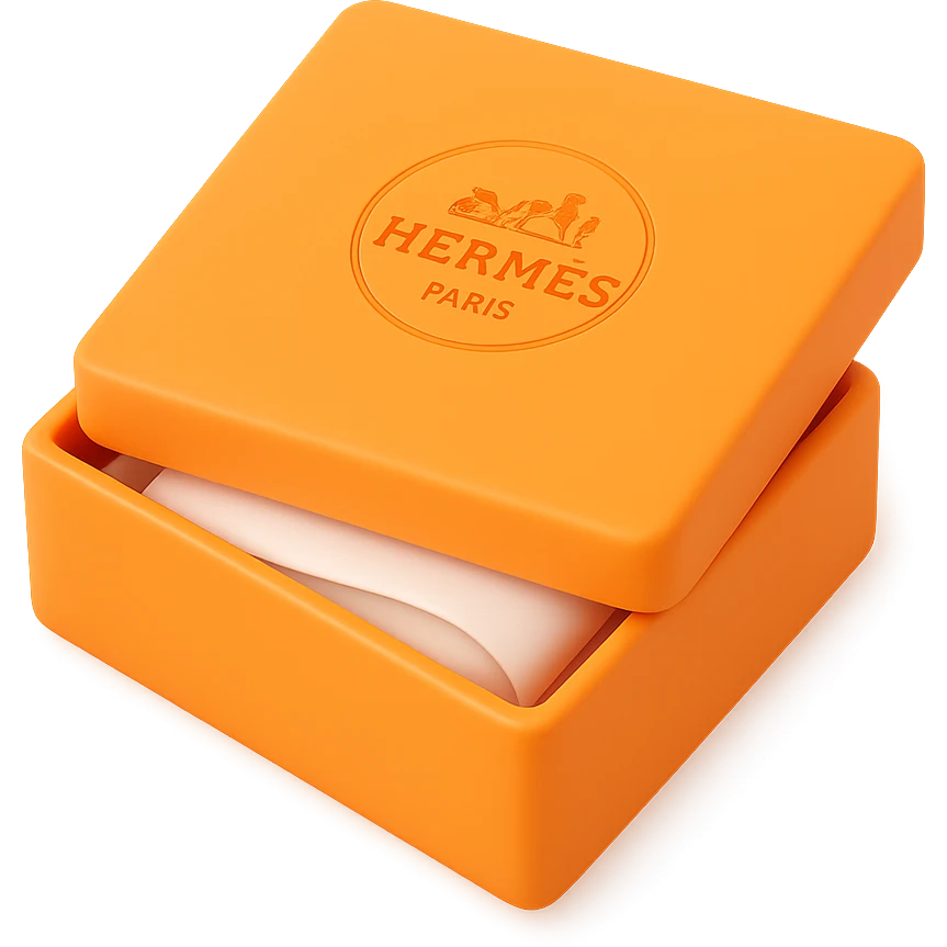 3D style orange Hermès box, slightly open with tissue paper inside, Hermès logo on the center, same square shape and proportions as reference, minimal, on white or transparent background, different lighting emoji