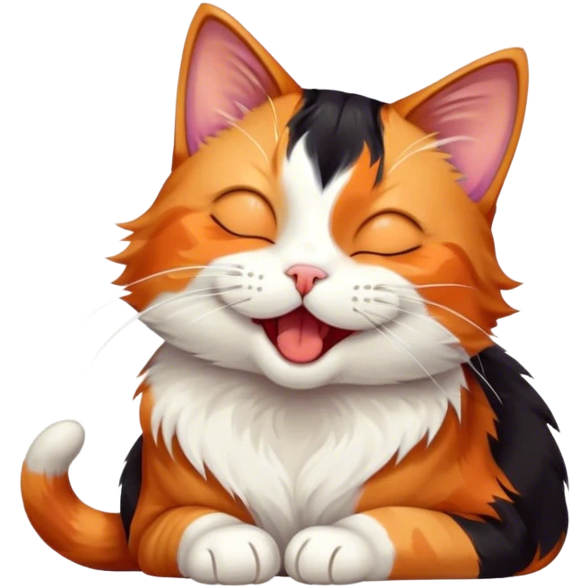 Cinematic Cute Yawning Calico Cat Portrait Emoji, Head tilted mid-yawn with a charming, relaxed expression, showcasing a soft patchwork fur of vibrant orange, black, and white, simplified yet irresistibly adorable, highly detailed, glowing with a cozy, gentle radiance, high shine, exuding sleepy yet endearing charm, styled with a soft glowing outline, capturing the essence of a calico cat caught in a delightful yawn that seems ready to cuddle up for a nap! emoji