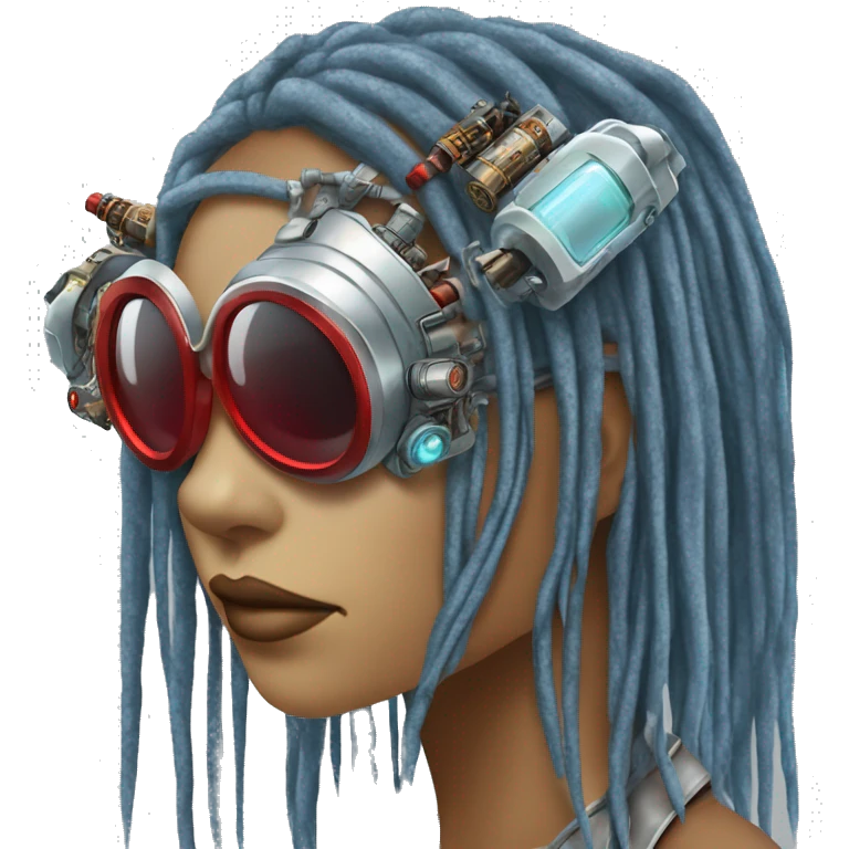 Light blue long dreadlocks female cyborg head with red steampunk goggles and circuits emoji