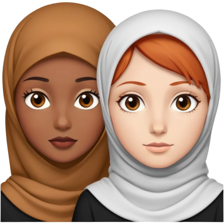 Short red haired white girl with brown eyes wearing a white shirt next a black girl wearing a black hijab with brown eyes emoji