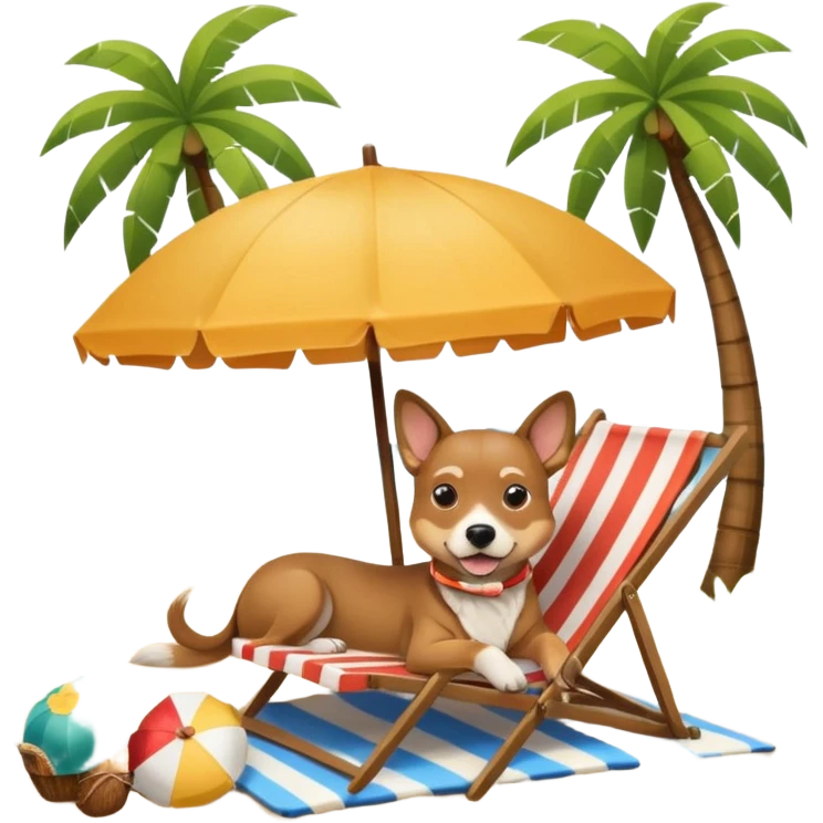 a dog laied on a beach chair, a sunny beach, a sun umbrella, and beach coconut trees. the icon should capture the essence of a relaxing beach vacation with a carefree atmosphere emoji