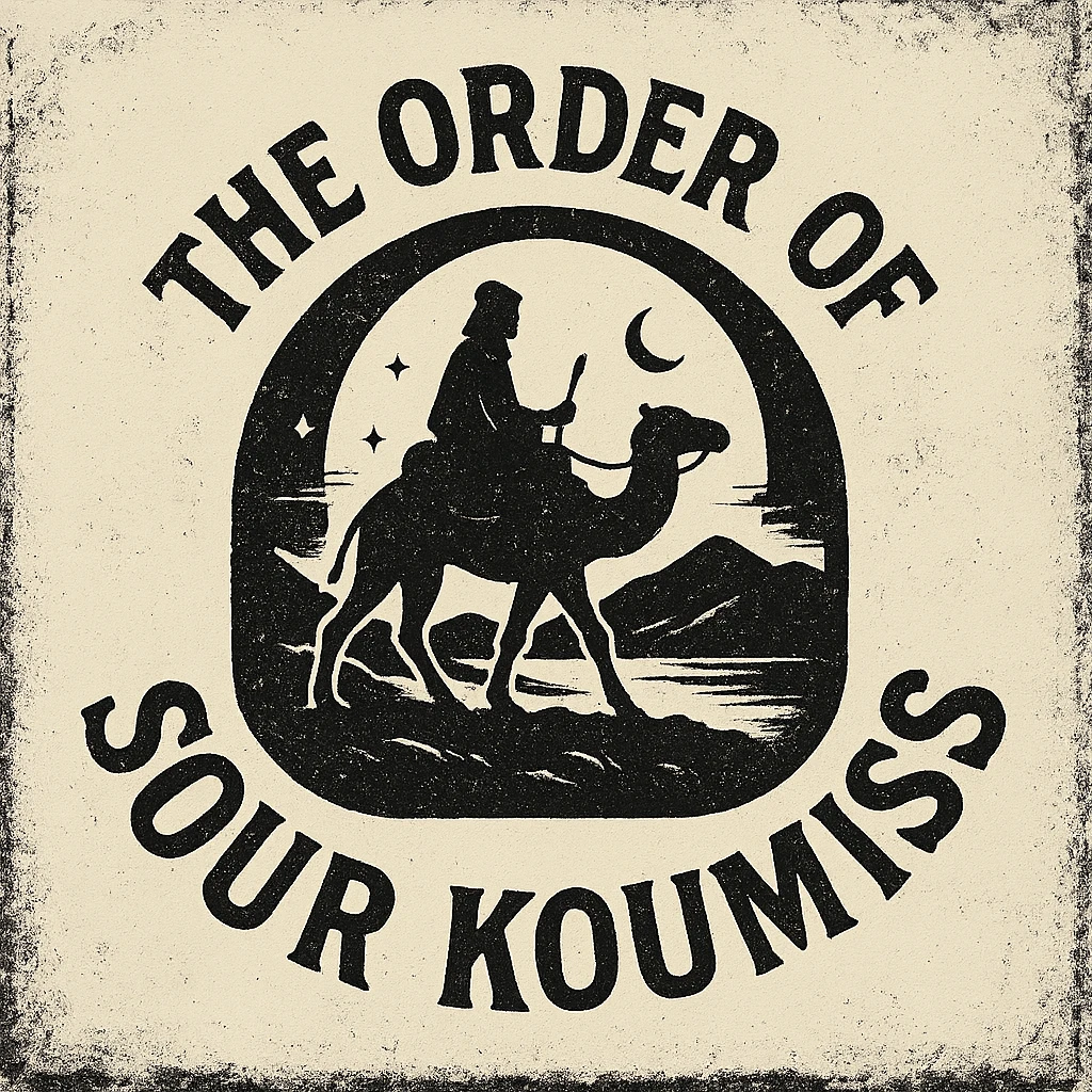 A grunge-style 90s logo for 'The Order of Sour Koumiss' with distressed edges and a mysterious travel theme, black and white emoji
