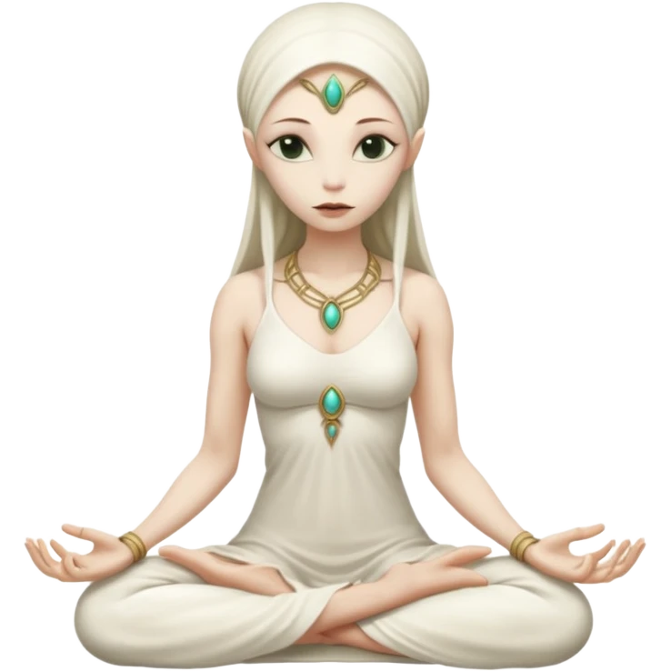 a Reptilian alien woman,in meditation, white dress like a priestess emoji