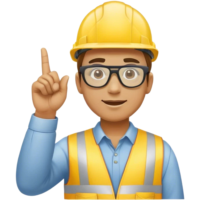 Un trabajador, vestido con un casco amarillo y gafas protectoras, apuntando con el dedo hacia arriba. emoji