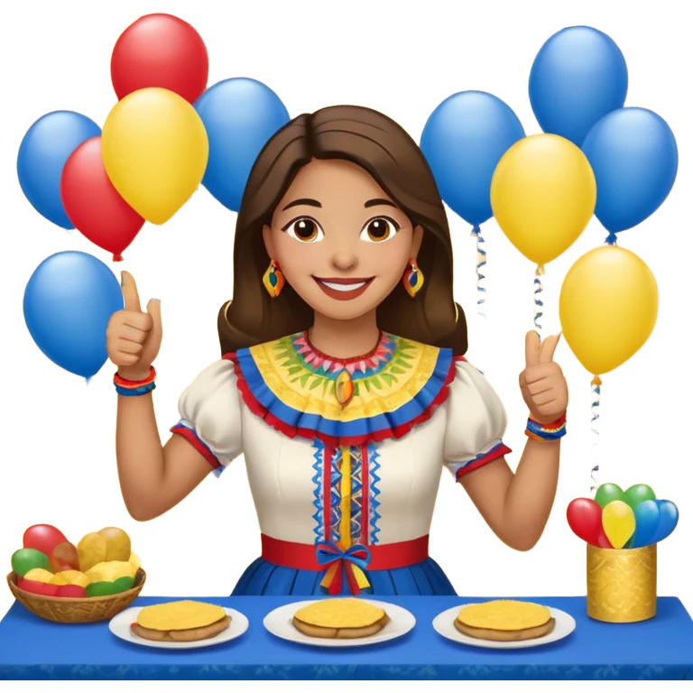 party table decorated with red blue and yellow colors, including backdrops, balloons, streamers and more, on the table are intricate displays of colombian arepas, and in the forefront a woman in traditional colombian dress with a smile and big thumbs up emoji