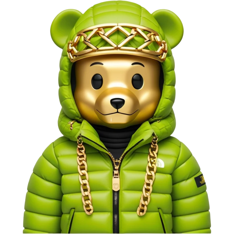 perfectly crafted bearbrick with authentic geometric shape, premium lime balaclava with professionally integrated dark visor lens, Supreme x North Face collaboration puffer jacket with luxurious fur trim, multiple detailed gold chains, ultimate collector's piece emoji