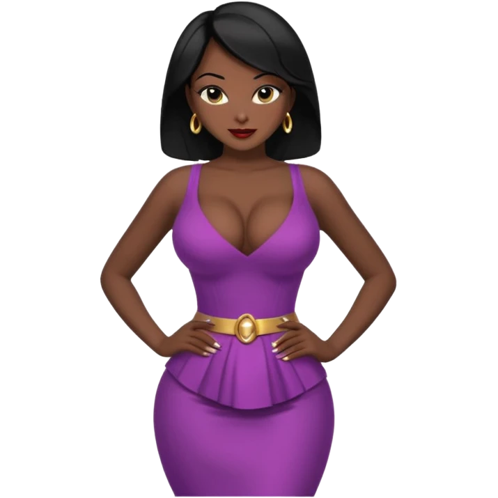 Adult female, black hair, large breasts, seductive smirk, confident pose, elegant suggestive outfit, hands on hips, bold silhouette, fully distinct from all other female roles. emoji