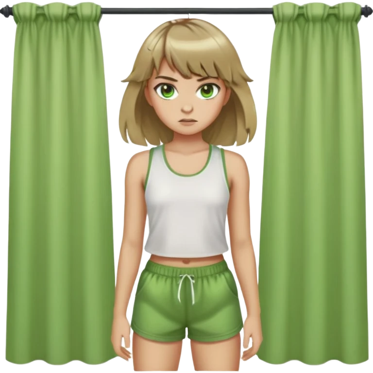 create an emoji of a feirce looking girl with light green siren eyes, dark blonde hair with curtain bangs, wearing an outfit kind of like lara croft emoji